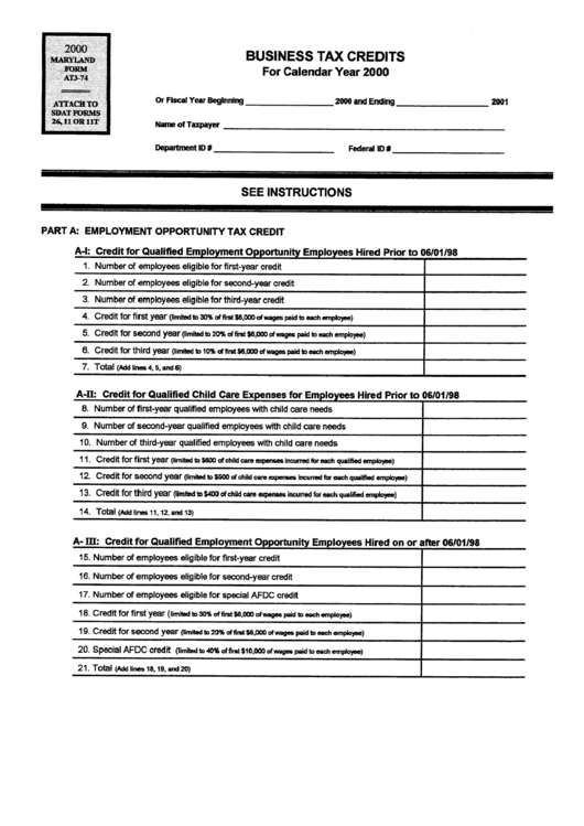 Form At3-74 - Business Tax Credits - 2000 Printable pdf