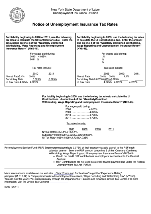 Form Ia 98 - Notice Of Unemployment Insurance Tax Rates - New York State Department Of Labor Printable pdf