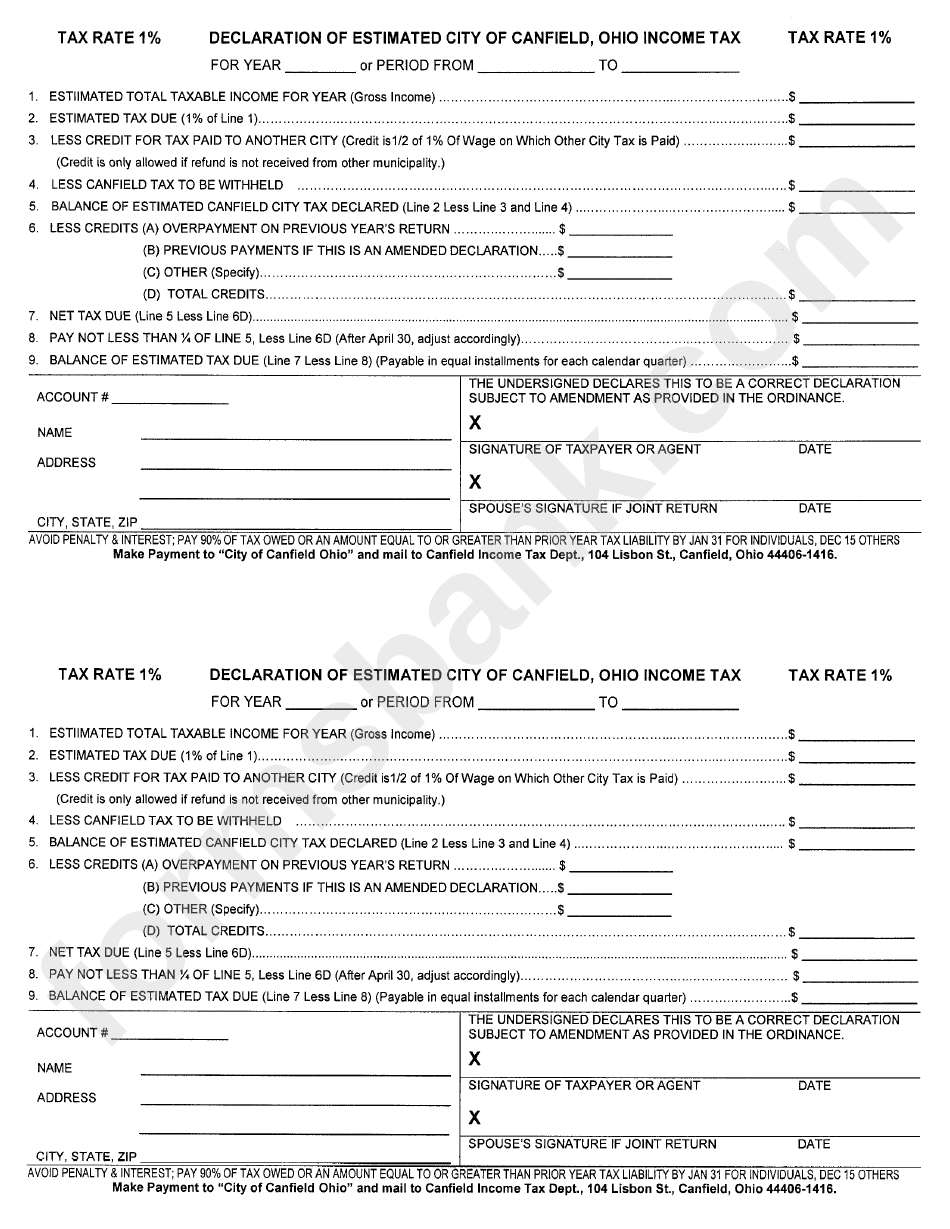 Declaration Of Estimated City Of Canfield - Ohio Income Tax