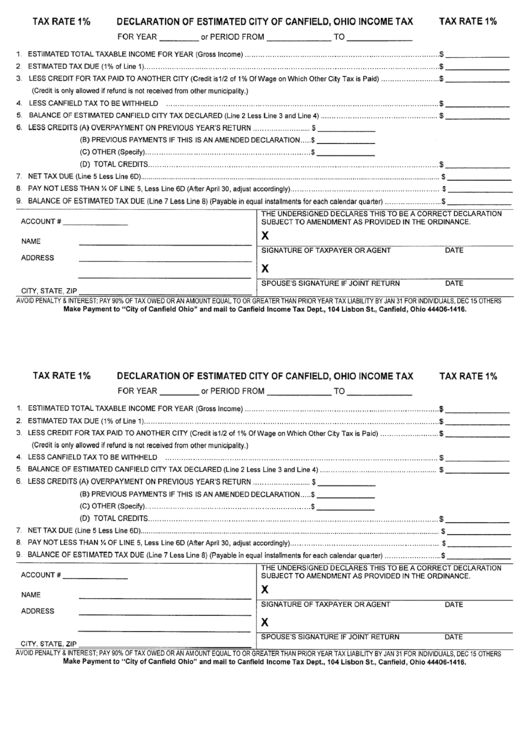 Declaration Of Estimated City Of Canfield - Ohio Income Tax Printable pdf