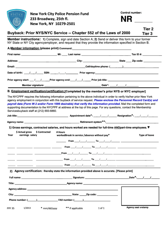Form Ppf 35 - Buyback: Prior Nys/nyc Service - 2000 Printable pdf