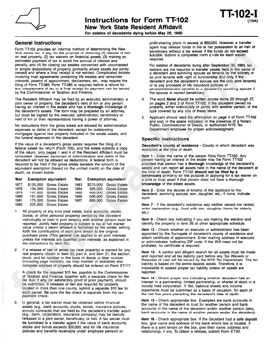 Form Tt-102-I - Instructions - New York State Resident Affidavit