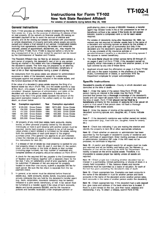 Form Tt-102-I - Instructions - New York State Resident Affidavit Printable pdf