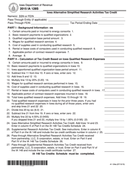 Fillable Form Ia 128s - Alternative Simplified Research Activities Tax Credit - 2015 Printable pdf
