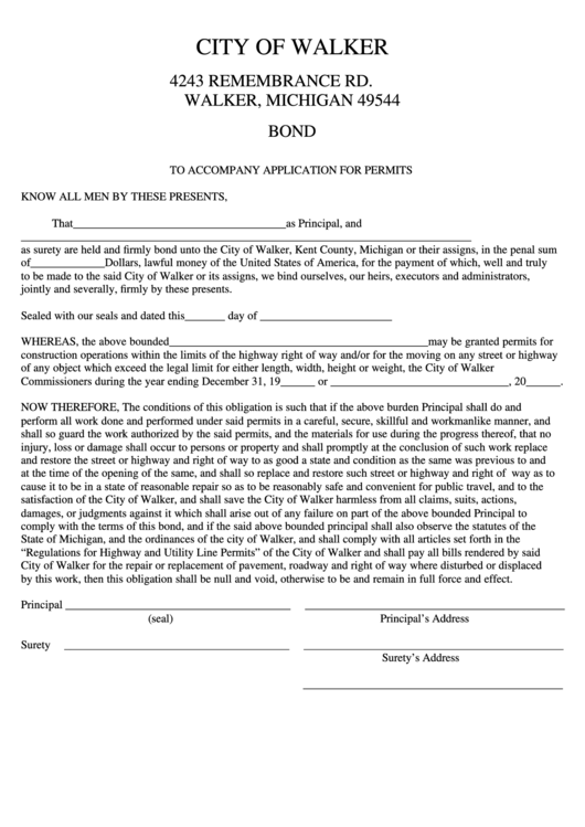Bond Form To Accompany Application For Permits- Walker, Michigan Printable pdf