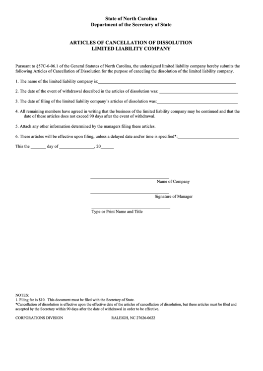 Fillable Articles Of Cancellation Of Dissolution Limited Liability Company - North Carolina Secretary Of State Printable pdf