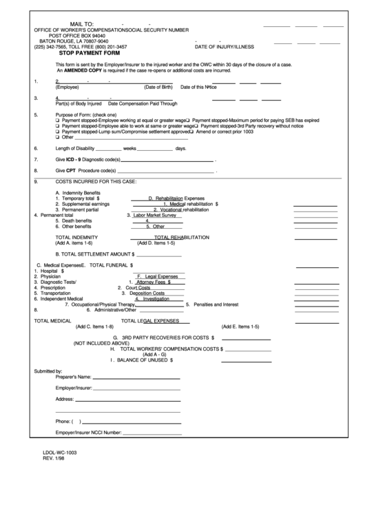Fillable Form Ldol-Wc-1003 - Stop Payment Form Printable pdf