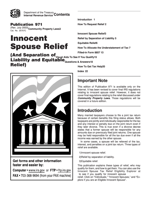 Publication 971 - Instructions Innocent Spouse Relief Forms - 2003 Printable pdf