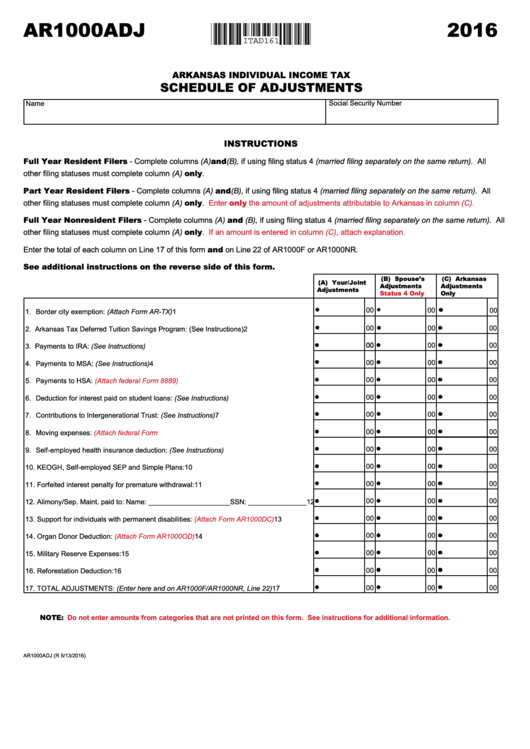 Form Ar1000adj - Schedule Of Adjustments - Arkansas Individual Income Tax - 2016 Printable pdf