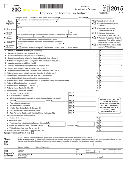 Fillable Form 20c - Corporation Income Tax Return - 2015 Printable pdf