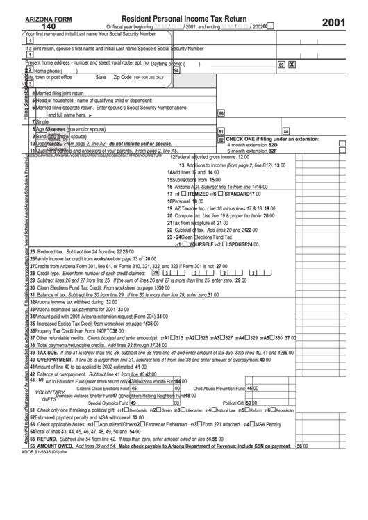 Arizona Form 140 - Resident Personal Income Tax Return - 2001 Printable pdf