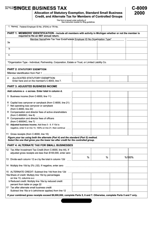 Form C-8009 - Single Business Tax Allocation Of Statutory Exemption, Standard Small Business Credit, And Alternate Tax For Members Of Controlled Groups - 2000 Printable pdf