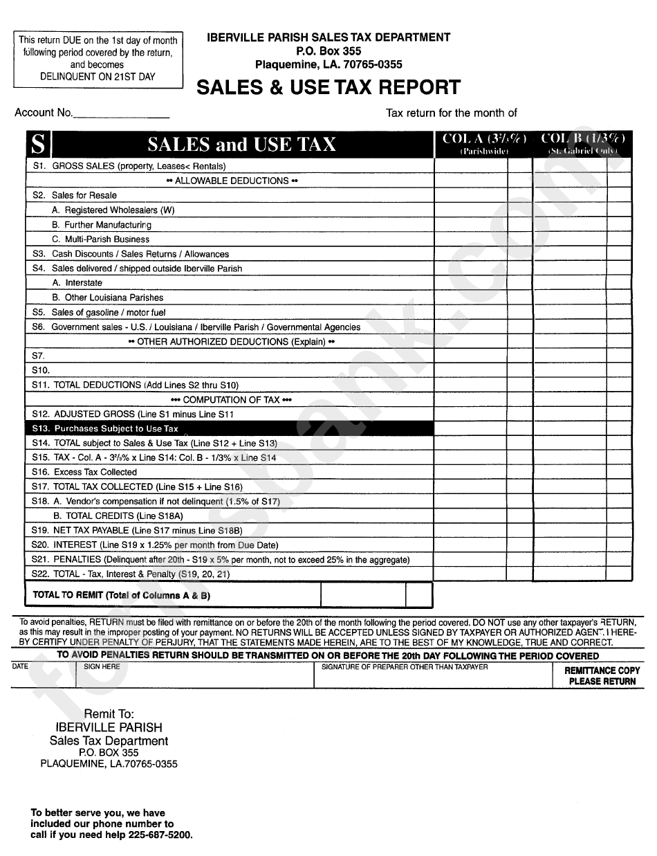 Sales And Use Tax Report Form - Iberville Parish Sales Tax Department
