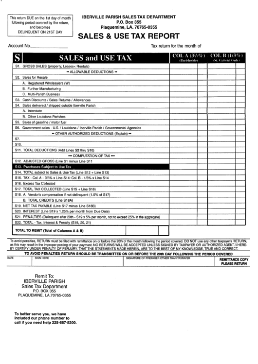 Sales And Use Tax Report Form - Iberville Parish Sales Tax Department Printable pdf