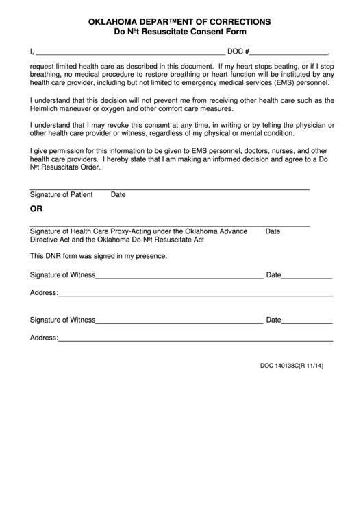 Form Doc 140138c - Do Not Resuscitate Consent - Oklahoma Department Of Corrections Printable pdf