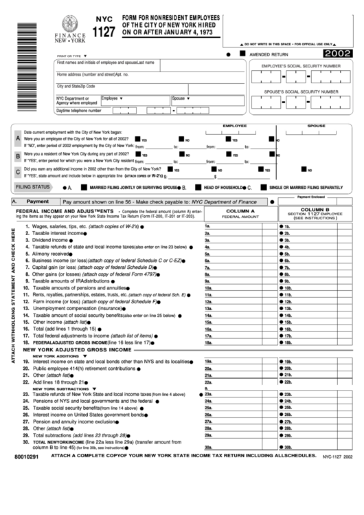 Form Nyc 1127 - Form For Nonresident Employees Of The City Of New York - 2002