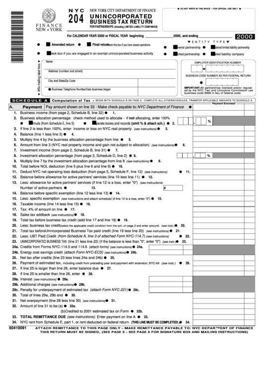 Form Nyc 204 - Unincorporated Business Tax Return - 2000 Printable pdf