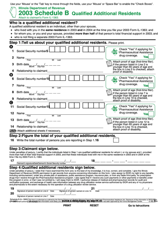 Fillable Form Il-1363 - Schedule B - Qualified Additional Residents - 2003 Printable pdf