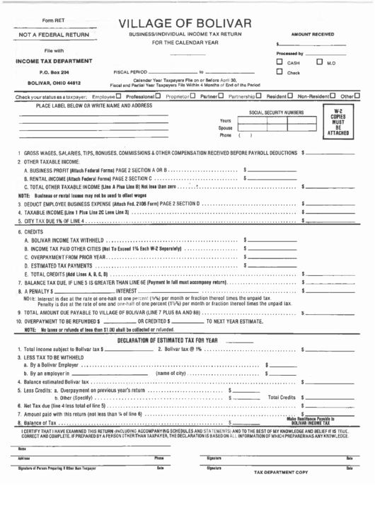 Form Ret - Business/individual Income Tax Return Printable pdf