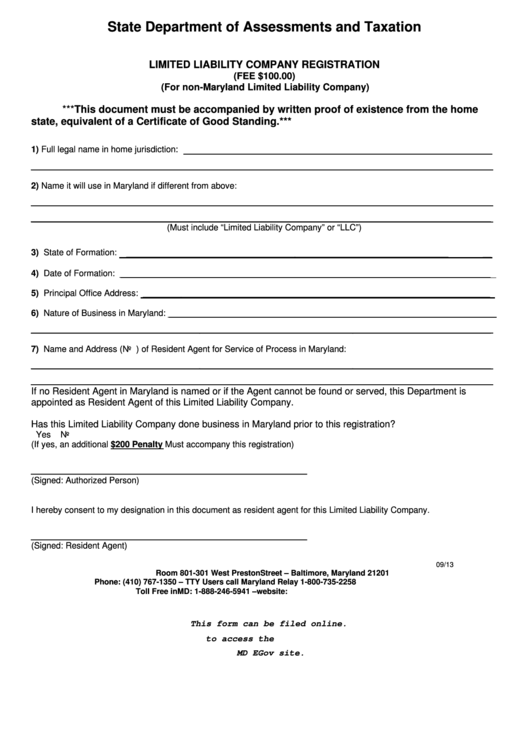 Fillable Limited Liability Company Registration Form - Maryland Department Of Assessments And Taxation Printable pdf