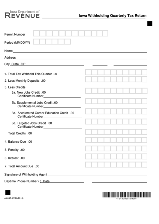 Fillable Form 44-095 - Iowa Withholding Quarterly Tax Return Printable pdf