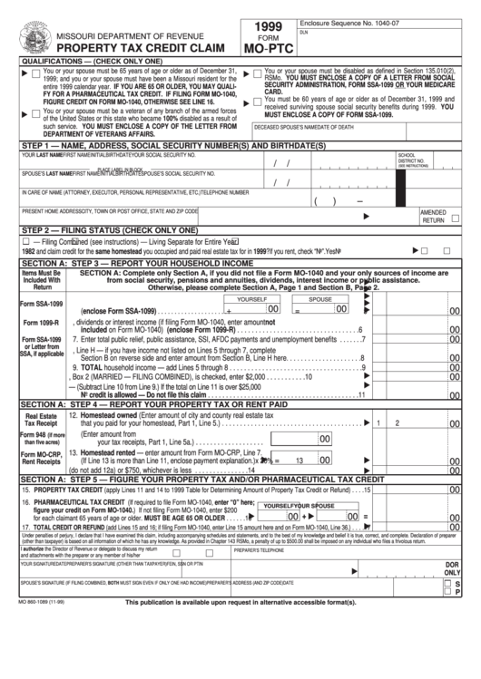 Form Mo-Ptc - Property Tax Credit Claim - 1999 Printable pdf