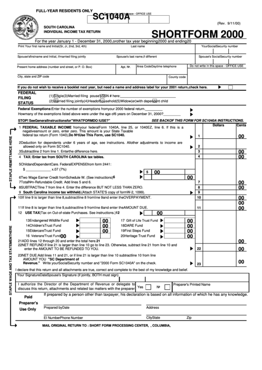Form Sc1040a - Individual Income Tax Return - Short Form - 2000 Printable pdf