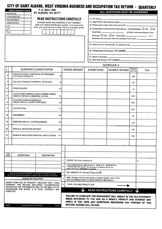 Business And Occupation Tax Return - Quarterly Printable pdf