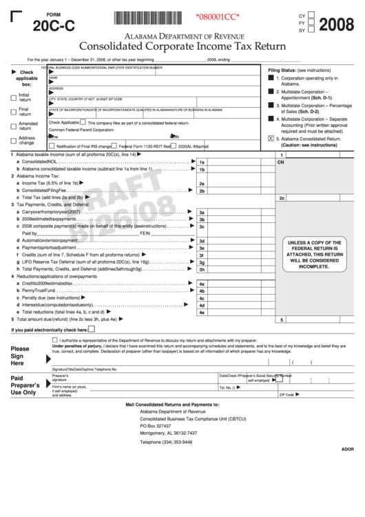 Form 20c-C - Draft - Consolidated Corporate Income Tax Return - 2008 Printable pdf