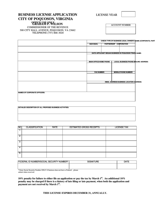 Business License Application - City Of Poquoson Printable pdf