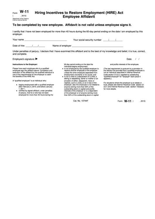 Fillable Form W-11 - Hiring Incentives To Restore Employment (Hire) Act Employee Affidavit Printable pdf