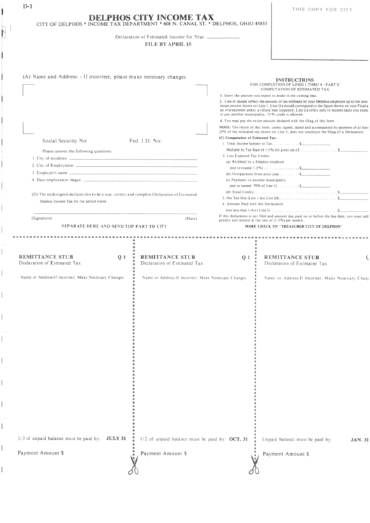 Form D-1 - Income Tax - Delphos City Printable pdf