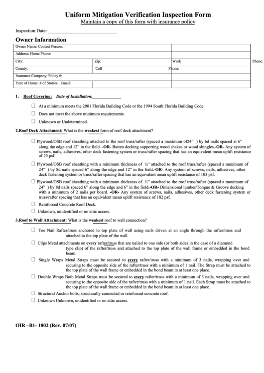 Form Oir -B1- 1802 - Uniform Mitigation Verification Inspection Form Printable pdf