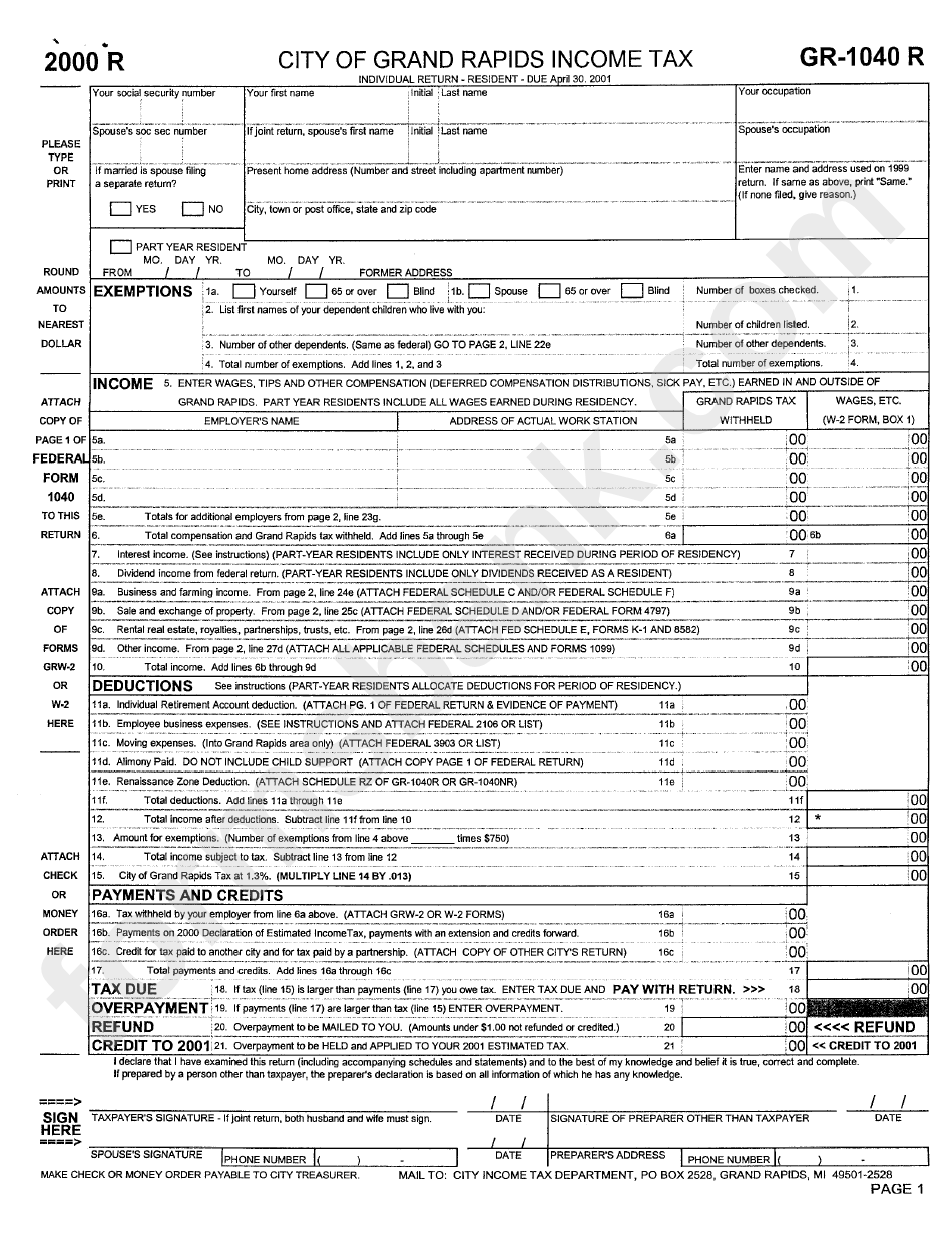 Form Gr-1040 R - Income Tax - City Of Grand Rapids - 2000