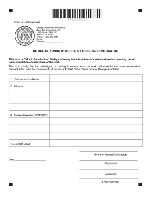Form St-c-214-12 - Notice Of Funds Withheld By General Contractor - 2017