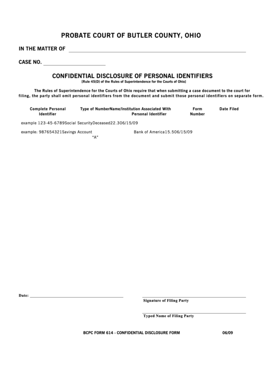 Bcpc Form 614 - Confidential Disclosure Of Personal Identifiers - Probate Court Of Butler County
