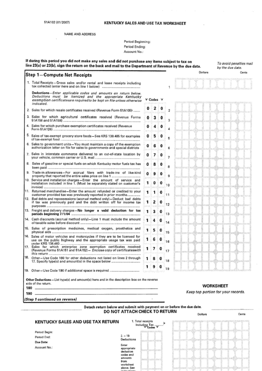Form 51a102 - Kentucky Sales And Use Tax Worksheet Printable pdf