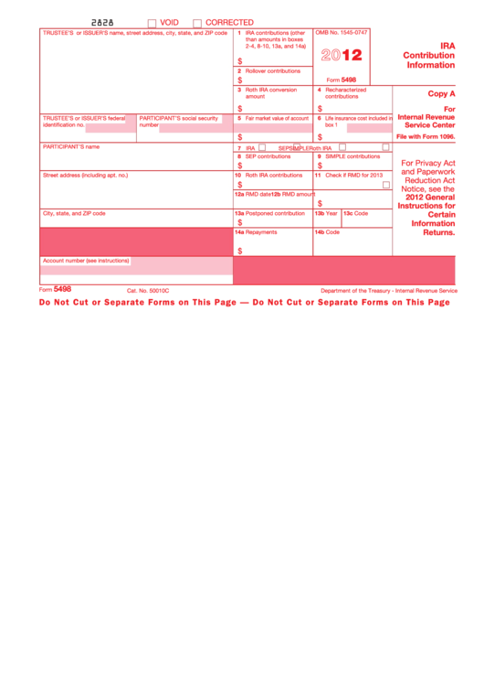 Form 5498 - Ira Contribution Information - 2012 Printable pdf