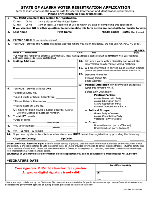 Fillable State Of Alaska Voter Registration Application Printable pdf