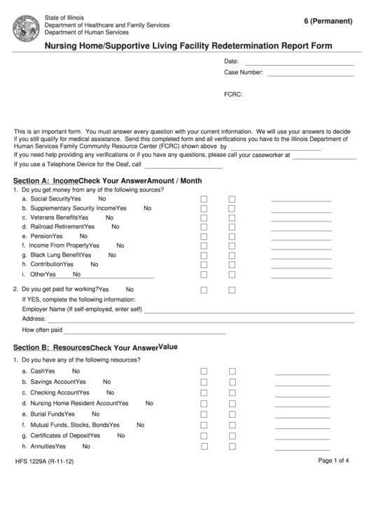 Fillable Form Hfs 1229a - Nursing Home/supportive Living Facility Redetermination Report Printable pdf
