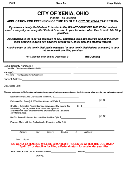 Fillable Form It 1100 - Application For Extension Of Time To File A City Of Xenia Tax Return Printable pdf
