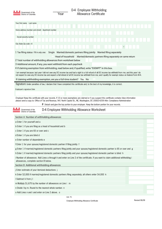 Fillable Form D-4 - Employee Withholding Allowance Certificate Printable pdf