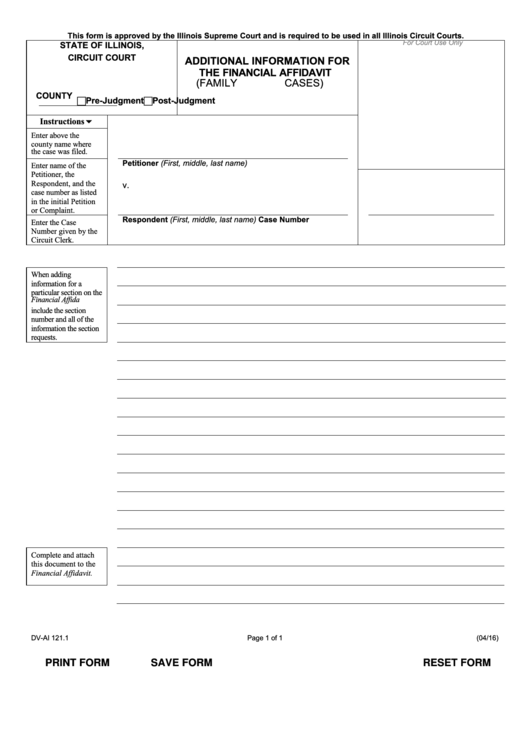 Fillable Form Dv-Ai 121.1 - Additional Information For The Financial Affidavit (Family And Divorce Cases) Printable pdf