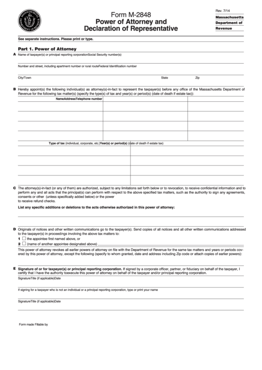 Fillable Form M-2848 - Power Of Attorney And Declaration Of Representative Printable pdf