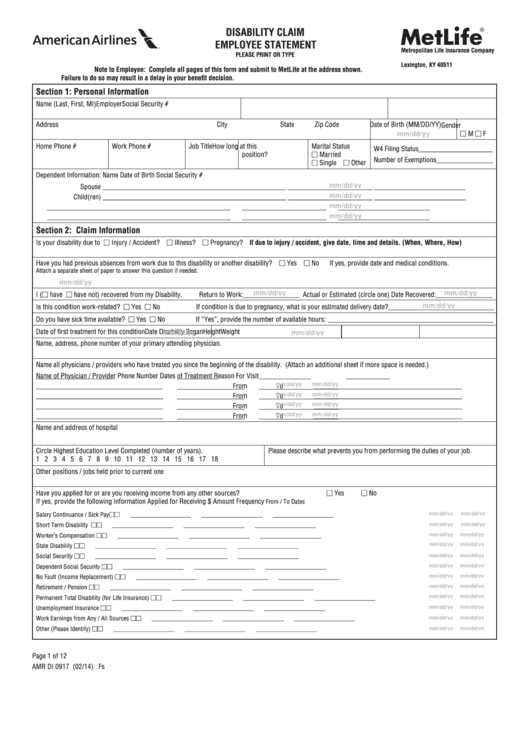 Fillable Form Amr Di 0917 - Disability Claim Employee Statement Printable pdf