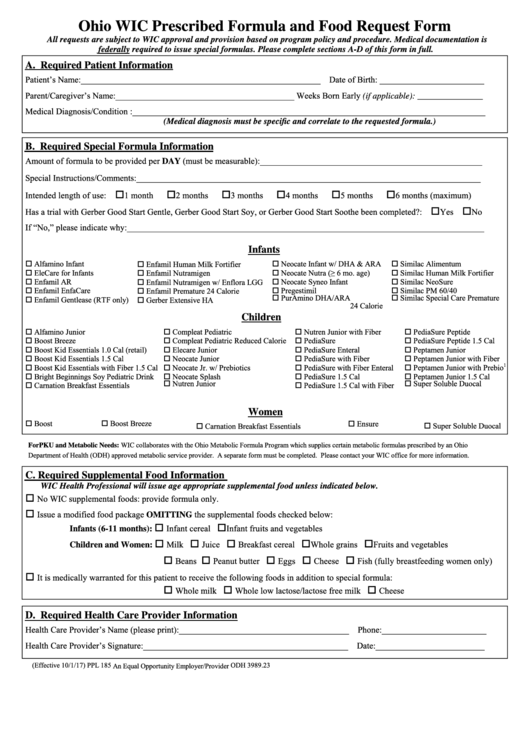 Fillable Form Odh 3989.23 - Ohio Wic Prescribed Formula And Food Request Form Printable pdf