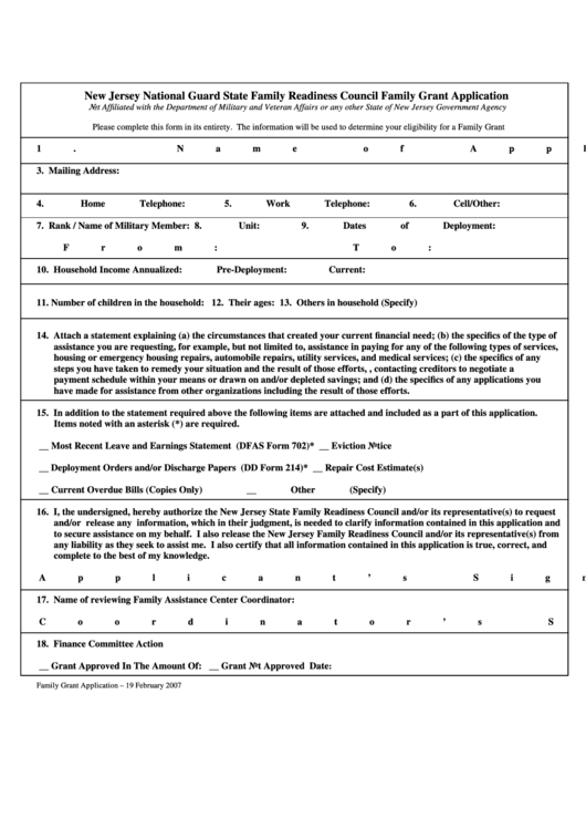 New Jersey National Guard State Family Readiness Council Family Grant Application Printable pdf