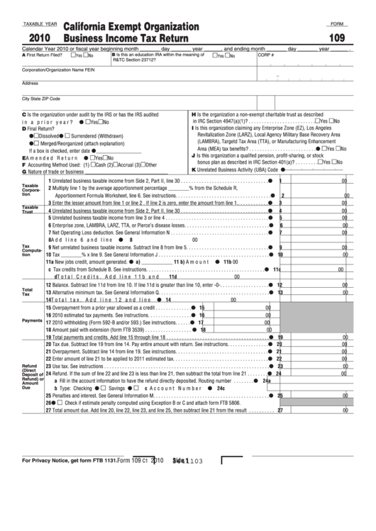 Fillable Form 109 - California Exempt Organization Business Income Tax Return - 2010 Printable pdf