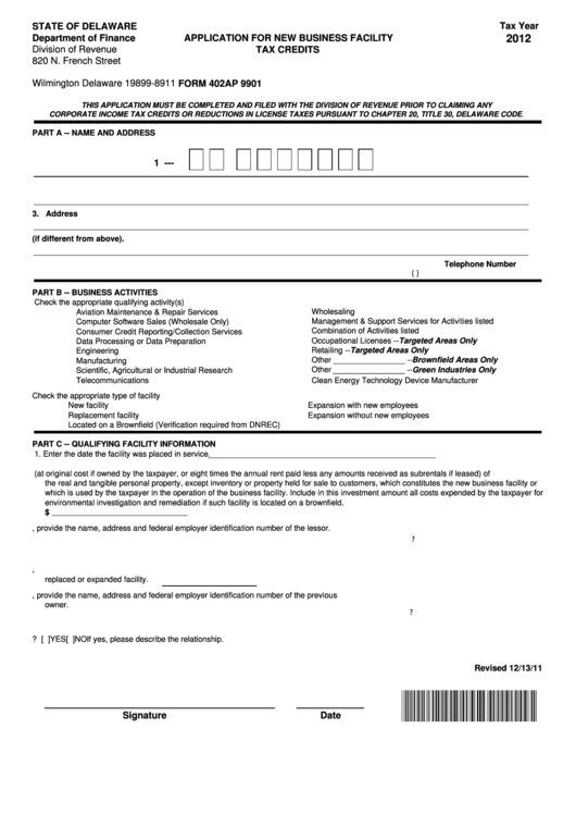 Fillable Form 402ap 9901 - Application For New Business Facility Tax Credits - Delaware Department Of Finance - 2012 Printable pdf