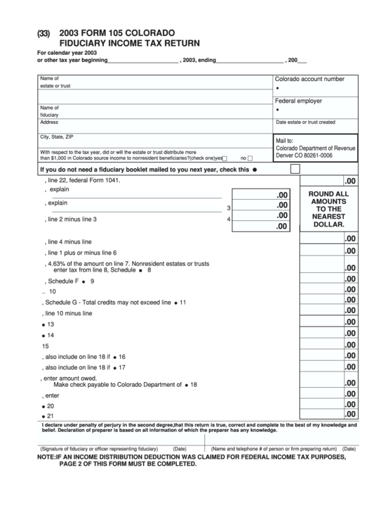 Fillable Form 105 - Colorado Fiduciary Income Tax Return - 2003 Printable pdf